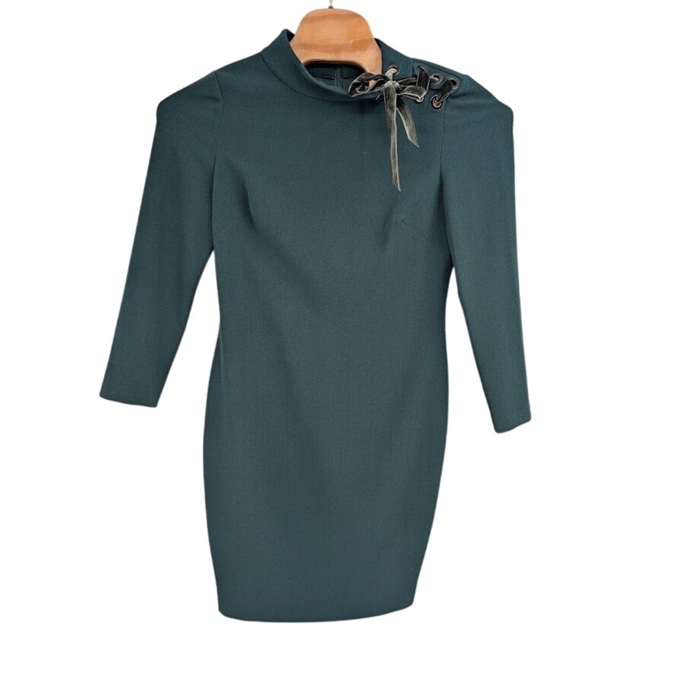 Badgley Mischka One Shoulder‎ Bow Sheath Midi Dress Emerald Green 12